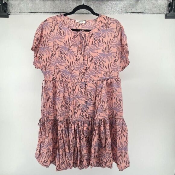 Madewell Womens Small Pink Oasis Palms Floral Tiered Button Dress Cotton Lyocell - Picture 2 of 12